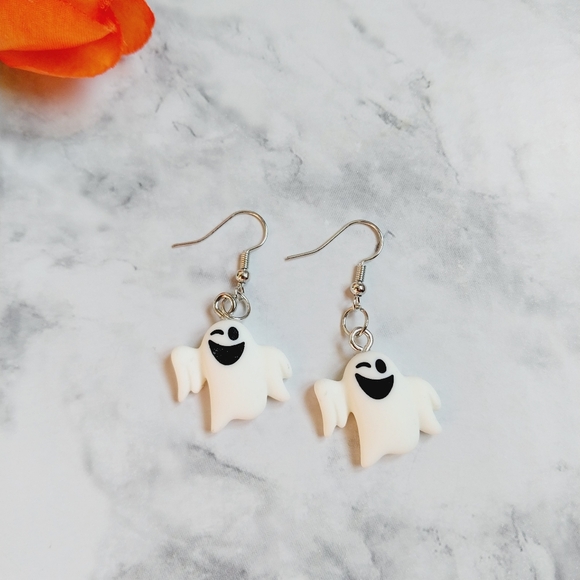 OpalGlaze Halloween Jewelry winking Ghost Earrings Dangles - Picture 1 of 2